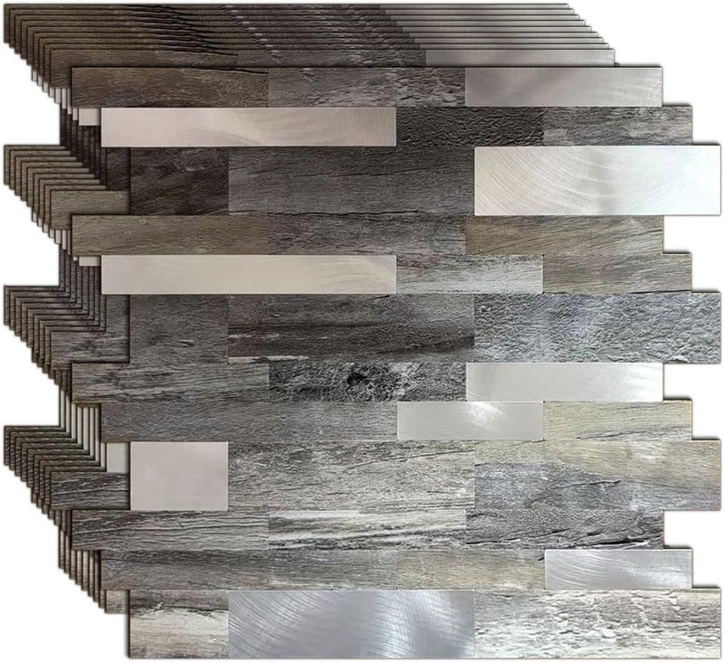 weimeisc 10 Sheets Backsplash Tile for Kitchen Peel and Stick, Self-Adhesive Waterproof, Metal Backsplash Subway Tile, Stick on Tiles Kitchen Bathroom (Light Grey Wood Grain+Frosted Silver) - Image 1